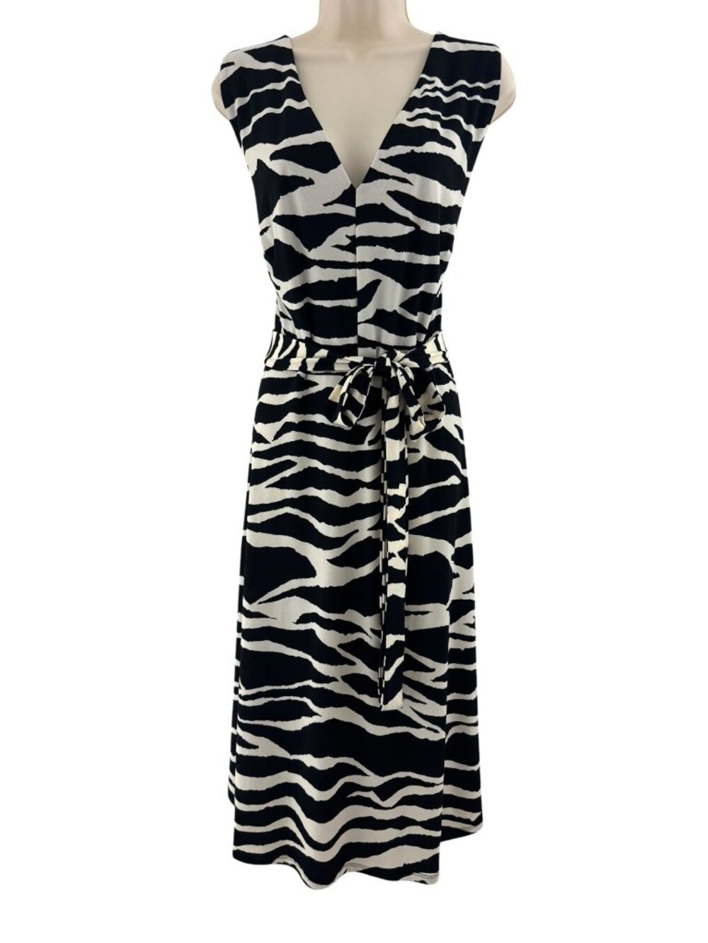H&M Black & Ivory Zebra Print Sleeveless Midi Dress w/Tie Size XXL 2X Stretch